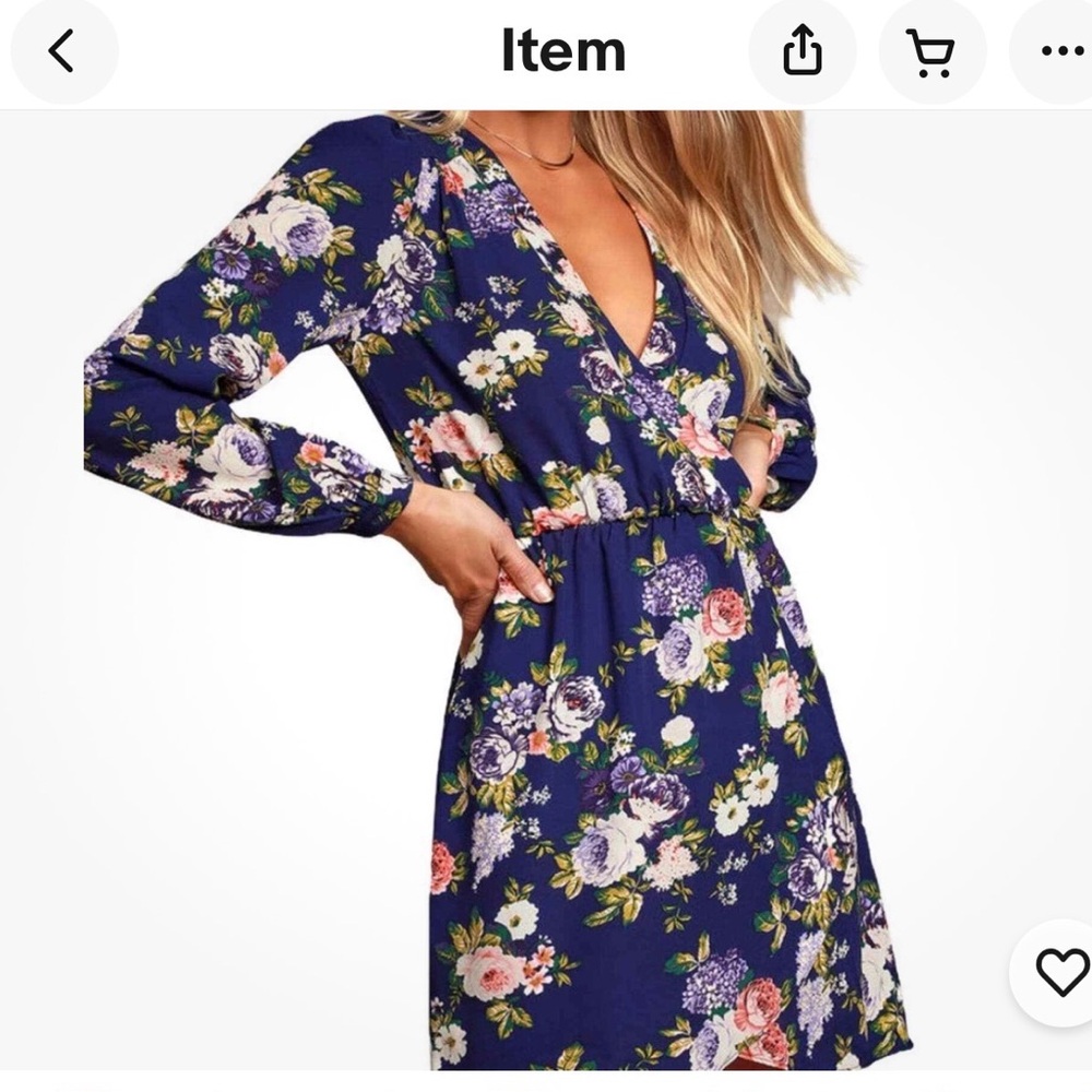 Lulus That's a Wrap navy blue floral print long-sleeve dress M